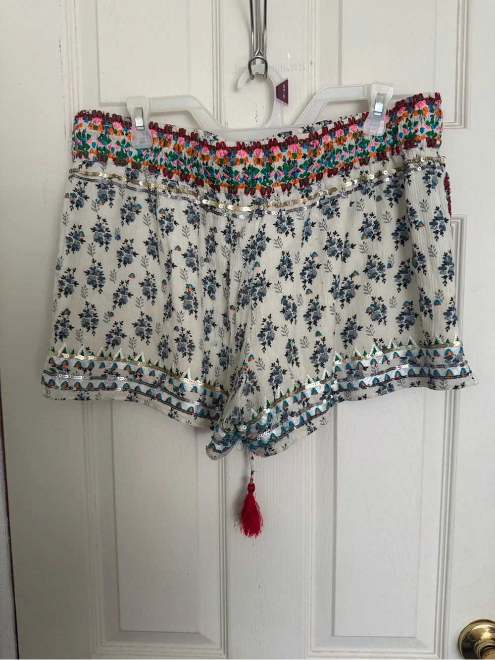 Calypso St. Barth White Floral Embroidered Tassel Shorts